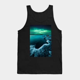 Ice on the lake shore and northern lights landscape Tank Top